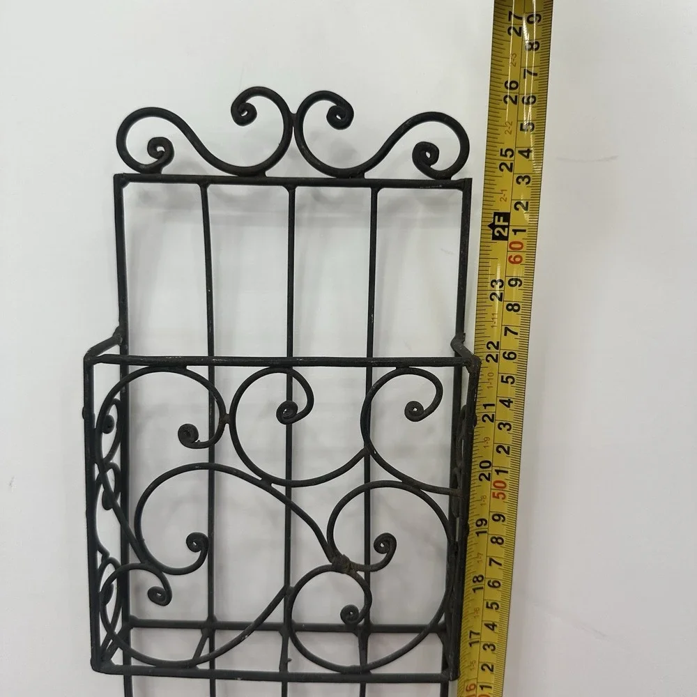 Vintage Iron Wall Rack 3 Bins 4 Hooks Home Office Storage Display Shelf 26